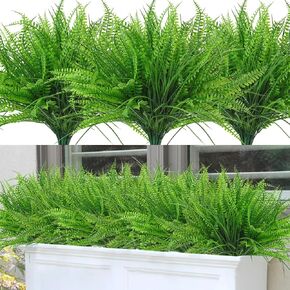 12 Bundles Artificial Ferns for Outdoors Large UV Resistant Fake Fern Boston Wheat Plant Greenery Shrubs for Garden Window Front Porch Home Decor (Boston&Wheat, 12PCS)