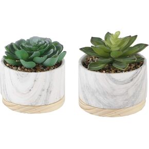 نبات صناعي من فلورا بوندا نبات عصاري صناعي في وعاء سيراميك رخامي مقاس 10.16 سم بقاعدة خشبية في منتصف القرن، رخام، مجموعة من 2 in Kuwait