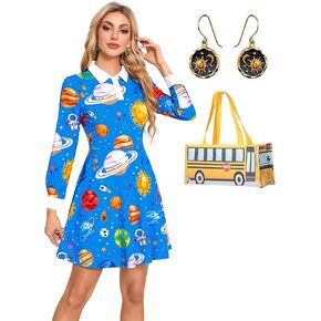 Women Halloween Costume Set Peter Pan Collar Long Sleeve Dress with School Bus Bag 3 PCS
