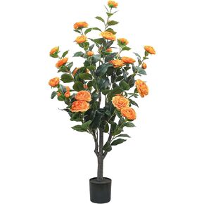 Gresorth 43 بوصة شجرة كاميليا برتقالية وهمية في وعاء أوراق نباتية كبيرة اصطناعية بوعاء محاكاة تتفتح زهرة الديكور الجرف حديقة الزفاف 1 حزمة in Kuwait