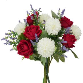 Artificial Flowers Fake Flower Bouquet with Red Rose Chrysanthemums Flowers Silk Floral Arrangements for Home Mother's Day Cemetery Grave Memorial Day Wedding Decor 12 inch
