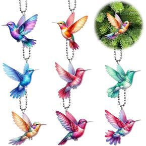 Hummingbird Hanging Ornament - 8Pcs Acrylic Hummingbirds Rearview Mirror Tree Ceiling Pendant Decoration, Flying Birds Pendants with Lanyard Tote Car Interior Charms Gift for Men Women