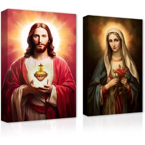 CXHOSTENT Christ Jesus And Virgin Mary Canvas Wall Art 2 Piece Sacred Heart Jesus And The Virgin Mary Paintings Prints God Poster for Church Decor (A, 11.00"x14.00"x2P)