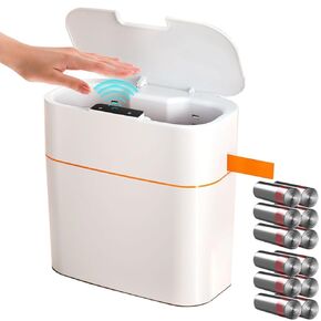 Touchless Bathroom Trash Can with Lid, 3.2 Gallons Motion Sensor Garbage Can, Automatic Plastic Slim Trash Bin for Kitchen,Bedroom,Living Room, Office, RV, with 144 Pack Drawstring Garbage Bags (12L)