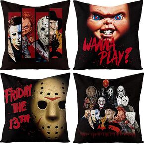 4 قطع من أغطية وسائد شخصيات فيلم الرعب الكلاسيكي، مقاس 45.72 سم × 45.72 سم، عيد الهالوين الجمعة الثالث عشر، غطاء وسادة من الكتان المزخرف المربع لديكور حفلات الرعب، هدية عيد ميلاد in Kuwait