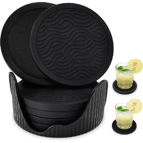 Silicone Coasters 6 Pack Coasters with Deep Tray Holder - 2 Sided Drinking Coasters - Cup Mat for Drinks - Live for Hot or Cold Drink Thickened, Non-Slip, Non-Stick, Silicone and Felt Insert(M05)
