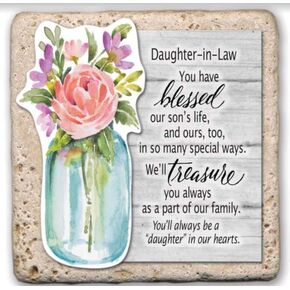 Dimensional Sentiment Tiles - Daughter In Law - Desktop Gift Plaque with Easel Back - Look and Feel of Natural Stone 4x4 inches, Light Blue, Pink, Brown, White