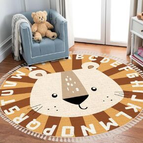 Round Rugs Hand drawn Scandinavian style set forest animals plants clip Boho Area Rug Linen and Cotton Carpet Meditation Rug Washable Hallway Runner Mat Accent Rug for Bedroom Bathroom 4ft