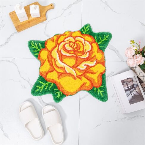 Yellow Bathroom Rugs Cute Rose Flower Shaped Bath Mat Green Leaf Decor Bath Rug Non Slip Floor Door Carpet Microfiber Bathmat Absorbent Washable Bathtub Mats for Shower Tub for Bathroom 25.6"x 25.6'' in Kuwait