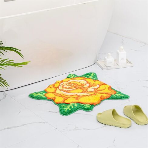 Yellow Bathroom Rugs Cute Rose Flower Shaped Bath Mat Green Leaf Decor Bath Rug Non Slip Floor Door Carpet Microfiber Bathmat Absorbent Washable Bathtub Mats for Shower Tub for Bathroom 25.6"x 25.6'' in Kuwait