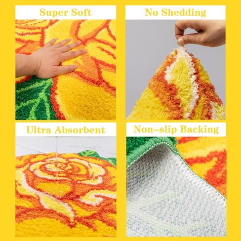 Yellow Bathroom Rugs Cute Rose Flower Shaped Bath Mat Green Leaf Decor Bath Rug Non Slip Floor Door Carpet Microfiber Bathmat Absorbent Washable Bathtub Mats for Shower Tub for Bathroom 25.6"x 25.6'' in Kuwait