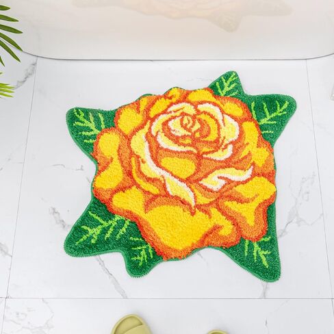 Yellow Bathroom Rugs Cute Rose Flower Shaped Bath Mat Green Leaf Decor Bath Rug Non Slip Floor Door Carpet Microfiber Bathmat Absorbent Washable Bathtub Mats for Shower Tub for Bathroom 25.6"x 25.6'' in Kuwait