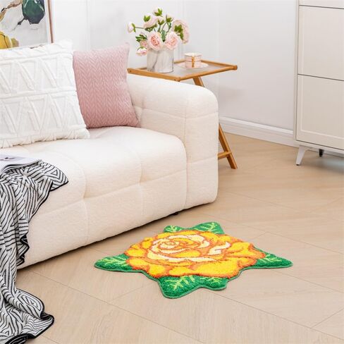 Yellow Bathroom Rugs Cute Rose Flower Shaped Bath Mat Green Leaf Decor Bath Rug Non Slip Floor Door Carpet Microfiber Bathmat Absorbent Washable Bathtub Mats for Shower Tub for Bathroom 25.6"x 25.6'' in Kuwait