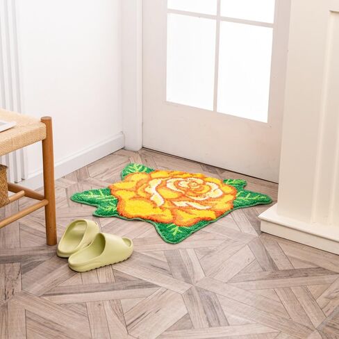 Yellow Bathroom Rugs Cute Rose Flower Shaped Bath Mat Green Leaf Decor Bath Rug Non Slip Floor Door Carpet Microfiber Bathmat Absorbent Washable Bathtub Mats for Shower Tub for Bathroom 25.6"x 25.6'' in Kuwait