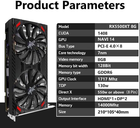 RX 5500 8gb GDDR6 Graphics Card,128 Bit, 3XDP, HDMI, PCI Express 4.0X8, 8pin with Fan Intelligent System,Gaming PC Computer Video Cards with 3X DisplayPort +1X HDMI (5500 Style 2) in Saudi Arabia