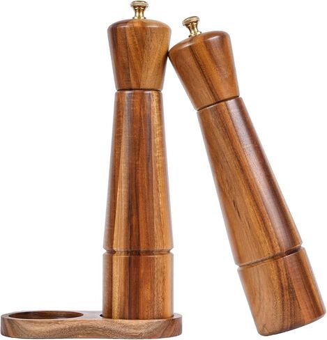 Salt and Pepper Mill Set with Tray, Adjustable Ceramic Grinder Salt Mill, Stainless Steel Grinder Pepper Mill, Acacia Wood, 27 cm / 10 inch Height, Bottom Dia 6 cm (Tray is Included) in Saudi Arabia