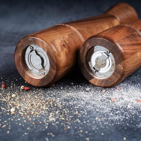 Salt and Pepper Mill Set with Tray, Adjustable Ceramic Grinder Salt Mill, Stainless Steel Grinder Pepper Mill, Acacia Wood, 27 cm / 10 inch Height, Bottom Dia 6 cm (Tray is Included) in Saudi Arabia