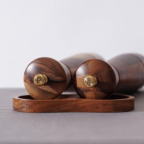 Salt and Pepper Mill Set with Tray, Adjustable Ceramic Grinder Salt Mill, Stainless Steel Grinder Pepper Mill, Acacia Wood, 27 cm / 10 inch Height, Bottom Dia 6 cm (Tray is Included) in Saudi Arabia