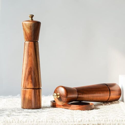 Salt and Pepper Mill Set with Tray, Adjustable Ceramic Grinder Salt Mill, Stainless Steel Grinder Pepper Mill, Acacia Wood, 27 cm / 10 inch Height, Bottom Dia 6 cm (Tray is Included) in Saudi Arabia