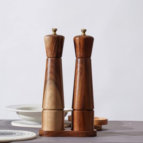 Salt and Pepper Mill Set with Tray, Adjustable Ceramic Grinder Salt Mill, Stainless Steel Grinder Pepper Mill, Acacia Wood, 27 cm / 10 inch Height, Bottom Dia 6 cm (Tray is Included) in Saudi Arabia