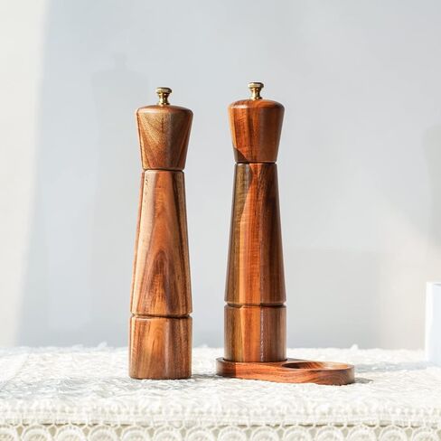 Salt and Pepper Mill Set with Tray, Adjustable Ceramic Grinder Salt Mill, Stainless Steel Grinder Pepper Mill, Acacia Wood, 27 cm / 10 inch Height, Bottom Dia 6 cm (Tray is Included) in Saudi Arabia