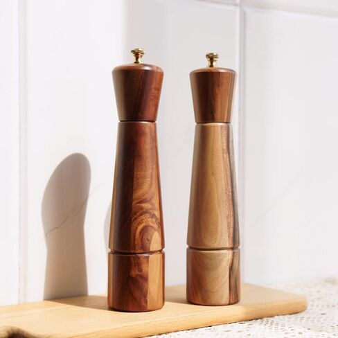 Salt and Pepper Mill Set with Tray, Adjustable Ceramic Grinder Salt Mill, Stainless Steel Grinder Pepper Mill, Acacia Wood, 27 cm / 10 inch Height, Bottom Dia 6 cm (Tray is Included) in Saudi Arabia
