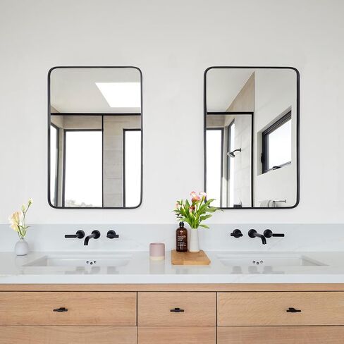 Bathroom Mirror for Wall - Vanity Mirrors - Over Sink 16x24inch Wall-Mounted Mirror for Bedroom Living/Dining Room, Modern Rectangle Black Framed Hanging Mirrors of Home in Saudi Arabia