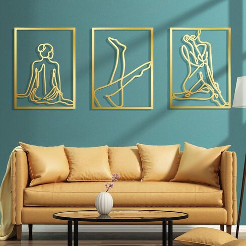 Set of 3 Metal Wall Art Decor 15x12 Inch Modern Abstract Wall Art Minimalist Wall Decor Large Rustic Wall Sculptures Single Line Decor Accents Hanging Women's Body Outline Poster (Gold, Modern Style) in Saudi Arabia