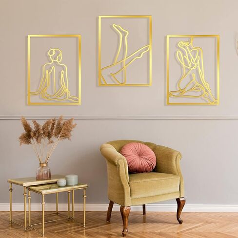 Set of 3 Metal Wall Art Decor 15x12 Inch Modern Abstract Wall Art Minimalist Wall Decor Large Rustic Wall Sculptures Single Line Decor Accents Hanging Women's Body Outline Poster (Gold, Modern Style) in Saudi Arabia