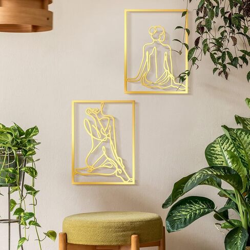 Set of 3 Metal Wall Art Decor 15x12 Inch Modern Abstract Wall Art Minimalist Wall Decor Large Rustic Wall Sculptures Single Line Decor Accents Hanging Women's Body Outline Poster (Gold, Modern Style) in Saudi Arabia