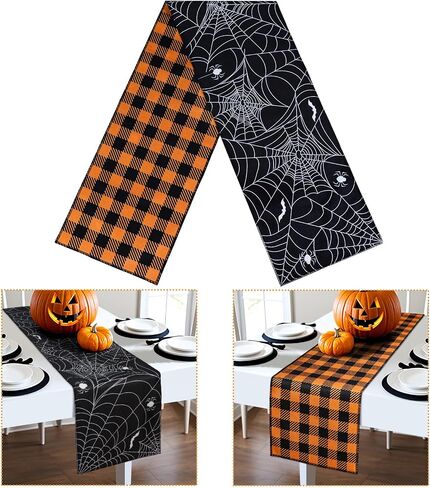 OurWarm Halloween Table Runner 72 Inches Long, Day of Dead Table Decor Double-Side Plaid Spider Web Table Runner, Seasonal Fall Kitchen Dining Table Decor for Kitchen Indoor Outdoor Home Party in Saudi Arabia