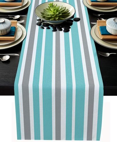 Stripe Table Runner-Navy Blue Gray White Cotton linen-Long 108 inche Dresser Scarves,Farmhouse Tablerunner for Kitchen Coffee/Dining/Sofa Table Bedroom Home Living Room,Scarf Decor for Holiday Dinner in Saudi Arabia