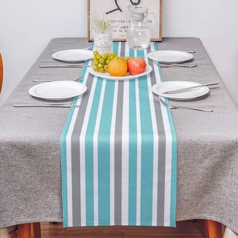 Stripe Table Runner-Navy Blue Gray White Cotton linen-Long 108 inche Dresser Scarves,Farmhouse Tablerunner for Kitchen Coffee/Dining/Sofa Table Bedroom Home Living Room,Scarf Decor for Holiday Dinner in Saudi Arabia