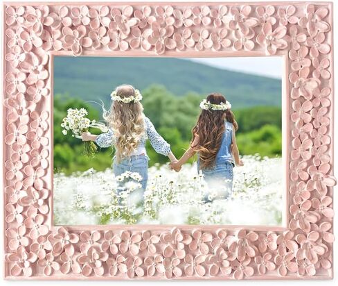 Isaac Jacobs 5x7 Pink Flower Textured Hand-Crafted Resin Picture Frame w/Easel & Hook for Tabletop & Wall Display, Decorative Floral Design Home Décor, Photo Gallery, Art (5x7, Pink) in Saudi Arabia