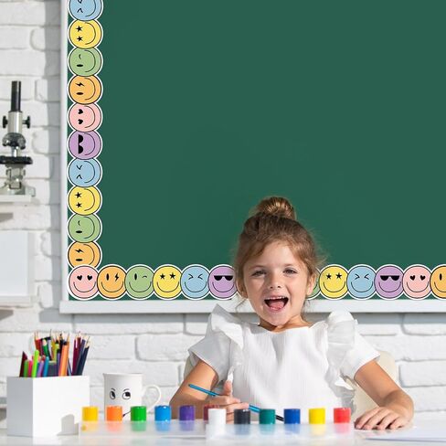 Whaline 32.8Ft Boho Happy Face لوحة إعلانات الحدود لون الباستيل ابتسامة الوجه يموت قطع حافة الحدود لفة للفصول الدراسية السبورة المدرسة in Saudi Arabia