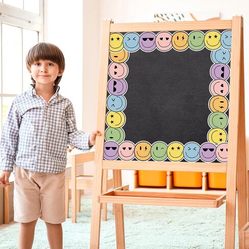 Whaline 32.8Ft Boho Happy Face لوحة إعلانات الحدود لون الباستيل ابتسامة الوجه يموت قطع حافة الحدود لفة للفصول الدراسية السبورة المدرسة in Saudi Arabia