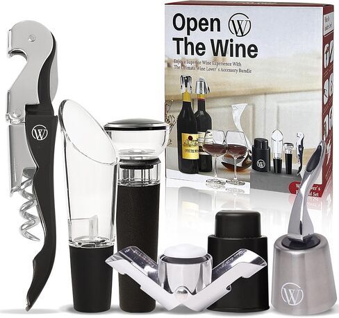 Accessory Kit - 6 Piece Wine Opener Set with Manual Corkscrew, Vacuum Sealers, Stopper, Aerator, Pourer - Wine Gifts for Women - Wine Bottle Preserver Gift Set for Wine Lovers in Kuwait