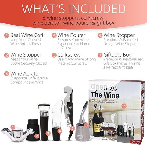 Accessory Kit - 6 Piece Wine Opener Set with Manual Corkscrew, Vacuum Sealers, Stopper, Aerator, Pourer - Wine Gifts for Women - Wine Bottle Preserver Gift Set for Wine Lovers in Kuwait