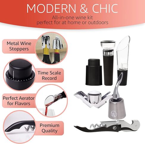 Accessory Kit - 6 Piece Wine Opener Set with Manual Corkscrew, Vacuum Sealers, Stopper, Aerator, Pourer - Wine Gifts for Women - Wine Bottle Preserver Gift Set for Wine Lovers in Kuwait