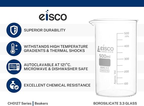 EISCO 6PK Beakers, 600ml - Tall Form with Spout - White, 50ml Graduations - Borosilicate 3.3 Glass in Saudi Arabia