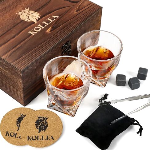 هدايا للرجال الأب، مجموعة نظارات كوليا ويسكي المكونة من 2 وأحجار الويسكي، أفكار هدايا الويسكي للرجال، الأب، الرجل، الزوج، عيد الميلاد، التقاعد، صندوق خشبي لعيد الميلاد وأحجار الويسكي والكوستر in Kuwait