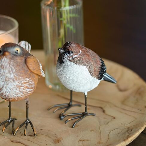 WHW Whole House Worlds North American Song Sparrows, Set of 2, Bird Figurines, Rustic Brown and White, Detailed Feathers, Table Top Accent Figurines, Hand Cast Poly Resin, 3.5 Inches in Kuwait
