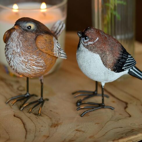 WHW Whole House Worlds North American Song Sparrows, Set of 2, Bird Figurines, Rustic Brown and White, Detailed Feathers, Table Top Accent Figurines, Hand Cast Poly Resin, 3.5 Inches in Kuwait