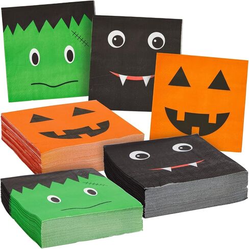 BLUE PANDA - 150 Pack Halloween Paper Napkins, Jack-O-Lantern, Vampire Bat, and Frankenstein Party Supplies (5 x 5 In) in Saudi Arabia