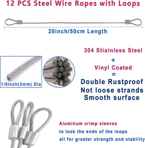 Acrux7 1/8 inch Stainless Steel Cable with Loops 12 PCS 20 Inch Vinyl Coated Wire Cable Rope 3mm Thick Travel Anti Theft Steel Cable with Crimps Ferrules for Luggage, Bike Securing, Yard Hanging in Saudi Arabia
