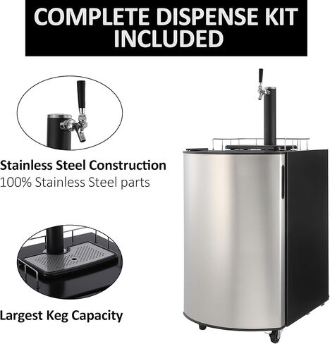 PioneerWorks Beer Kegerator, Single Tap Draft Beer Dispenser, Full Size Stainless Steel Keg Refrigerator With Drip Tray & Rail, 128L in Kuwait