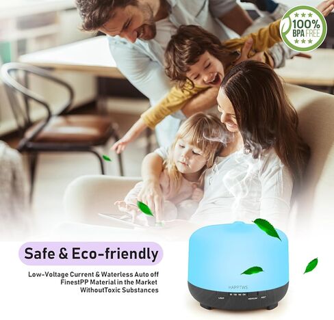 موزع روائح الزيوت العطرية هابتوس 500 مل، ناشر رذاذ هادئ للعلاج بالروائح العلاجية للزيوت العطرية، موزع زيوت بالموجات فوق الصوتية للخشب الحبوب، مؤقت، 7 ألوان فاتحة لغرفة النوم (500 مل) - أسود in Kuwait