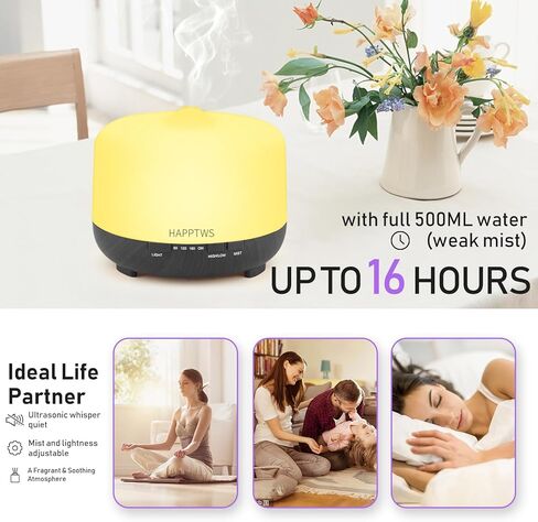 موزع روائح الزيوت العطرية هابتوس 500 مل، ناشر رذاذ هادئ للعلاج بالروائح العلاجية للزيوت العطرية، موزع زيوت بالموجات فوق الصوتية للخشب الحبوب، مؤقت، 7 ألوان فاتحة لغرفة النوم (500 مل) - أسود in Kuwait