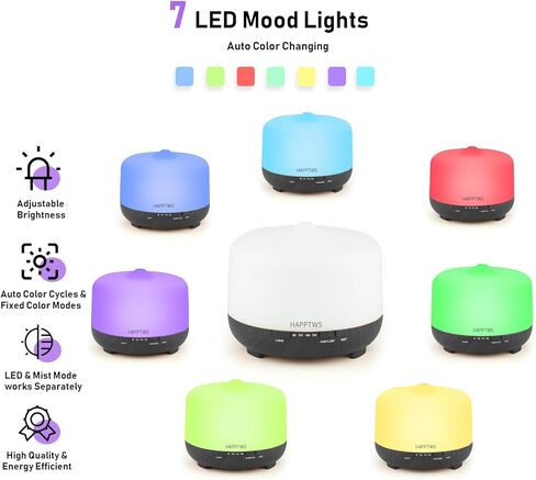 موزع روائح الزيوت العطرية هابتوس 500 مل، ناشر رذاذ هادئ للعلاج بالروائح العلاجية للزيوت العطرية، موزع زيوت بالموجات فوق الصوتية للخشب الحبوب، مؤقت، 7 ألوان فاتحة لغرفة النوم (500 مل) - أسود in Kuwait