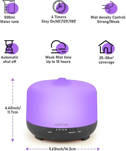 موزع روائح الزيوت العطرية هابتوس 500 مل، ناشر رذاذ هادئ للعلاج بالروائح العلاجية للزيوت العطرية، موزع زيوت بالموجات فوق الصوتية للخشب الحبوب، مؤقت، 7 ألوان فاتحة لغرفة النوم (500 مل) - أسود in Kuwait